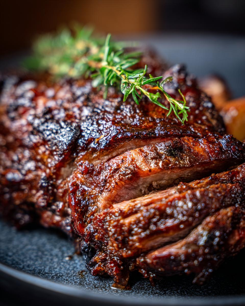 Close-up of tender, slow-cooked pork ribs with a glossy glaze, garnished with rosemary, perfect for Fathers Day Simple Crock Pot Recipes.