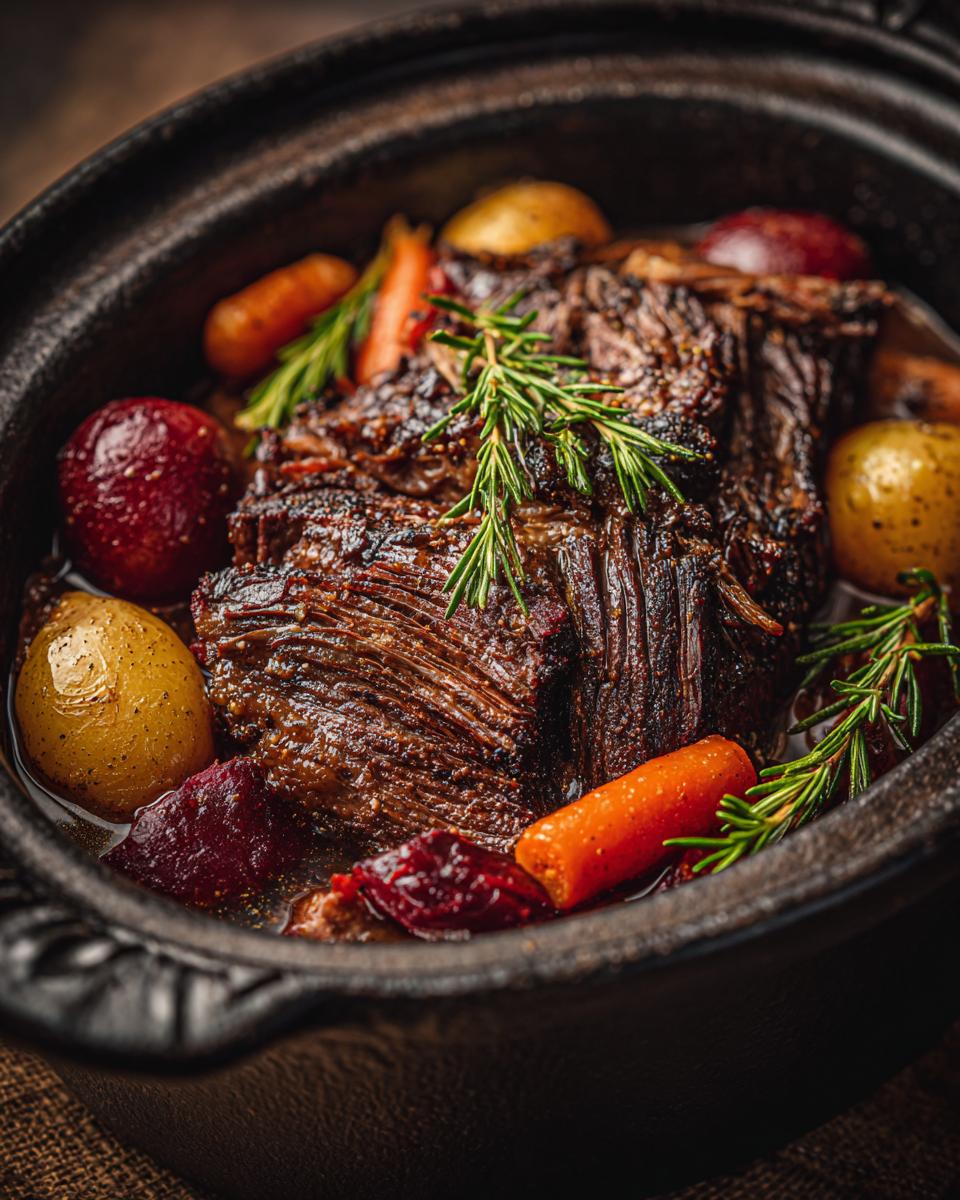 Close-up of a tender crock pot pot roast with potatoes, carrots, and rosemary, perfect for Father's Day.