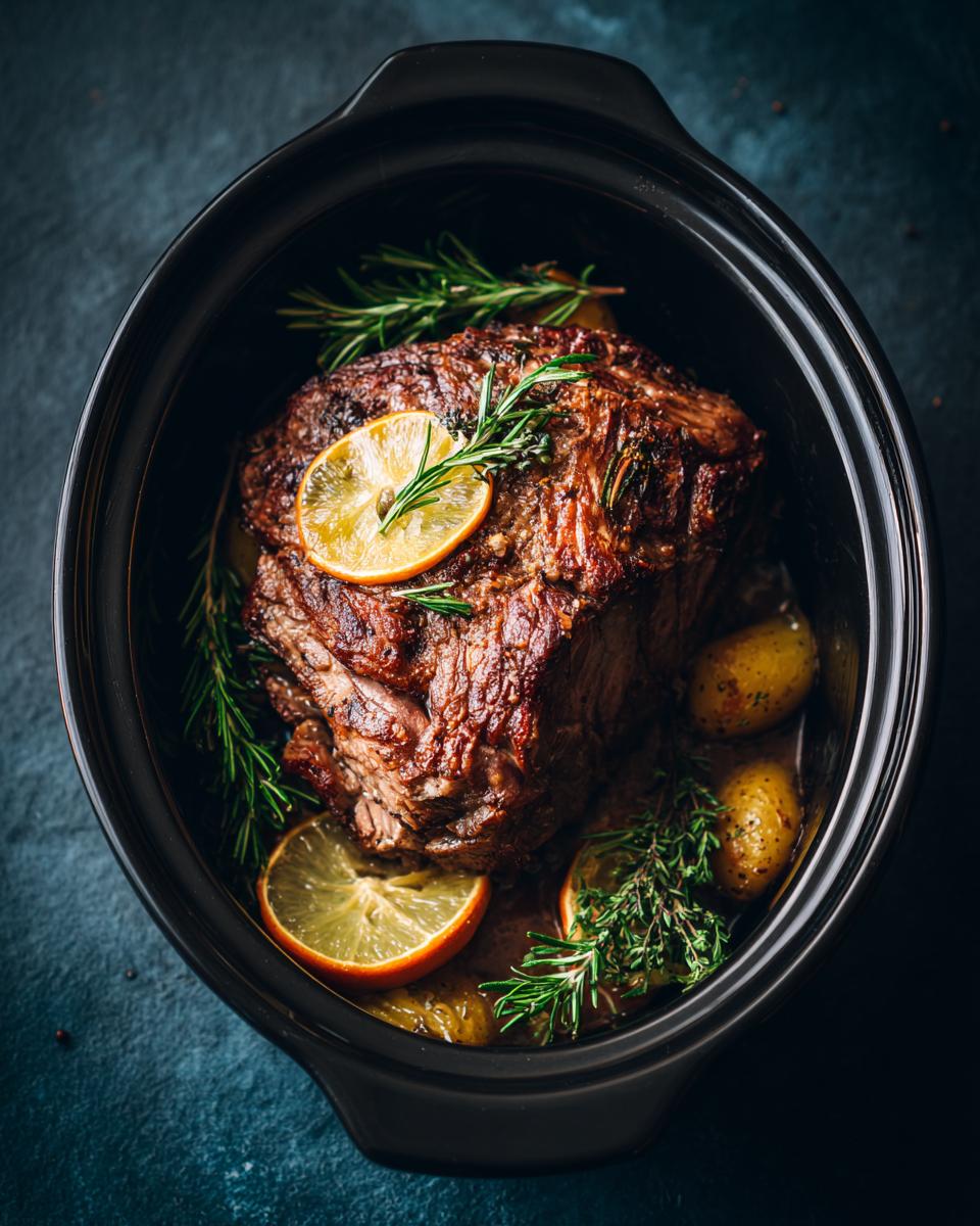 A succulent crock pot roast with lemon slices, potatoes, and rosemary, perfect for Fathers Day.