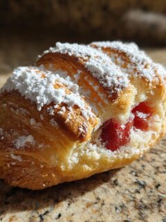 A flaky croissant filled with fresh cherries and dusted with powdered sugar, perfect for Fathers Day.