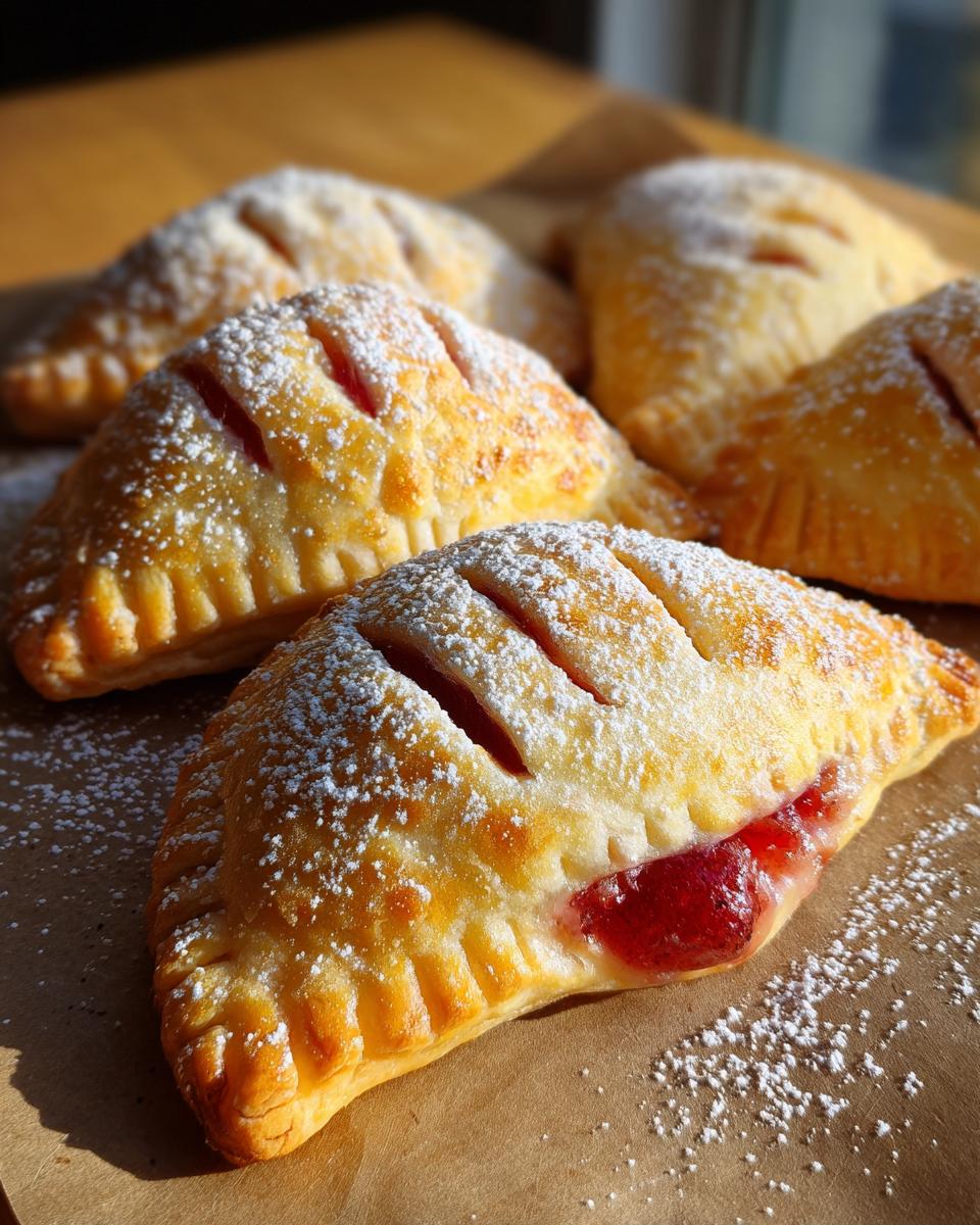Golden brown fresh cherry hand pies dusted with powdered sugar, perfect for Fathers Day.