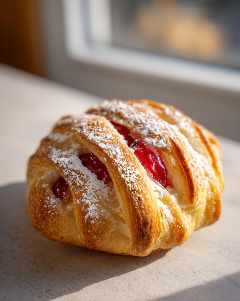 A golden-brown pastry filled with fresh cherries, dusted with powdered sugar, perfect for Fathers Day.