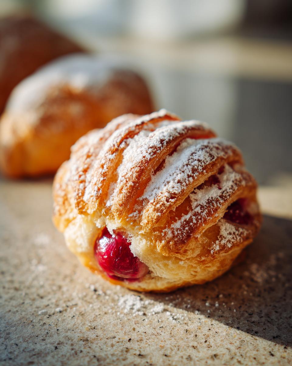 Close-up of a flaky pastry filled with fresh cherries, dusted with powdered sugar. Perfect for Fathers Day.