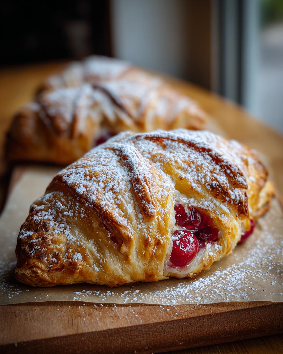 Close-up of a flaky pastry filled with fresh cherries, dusted with powdered sugar. A perfect Fathers Day treat.