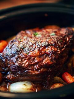 A juicy crock pot roast with potatoes, carrots, and onions, perfect for a Father's Day feast.