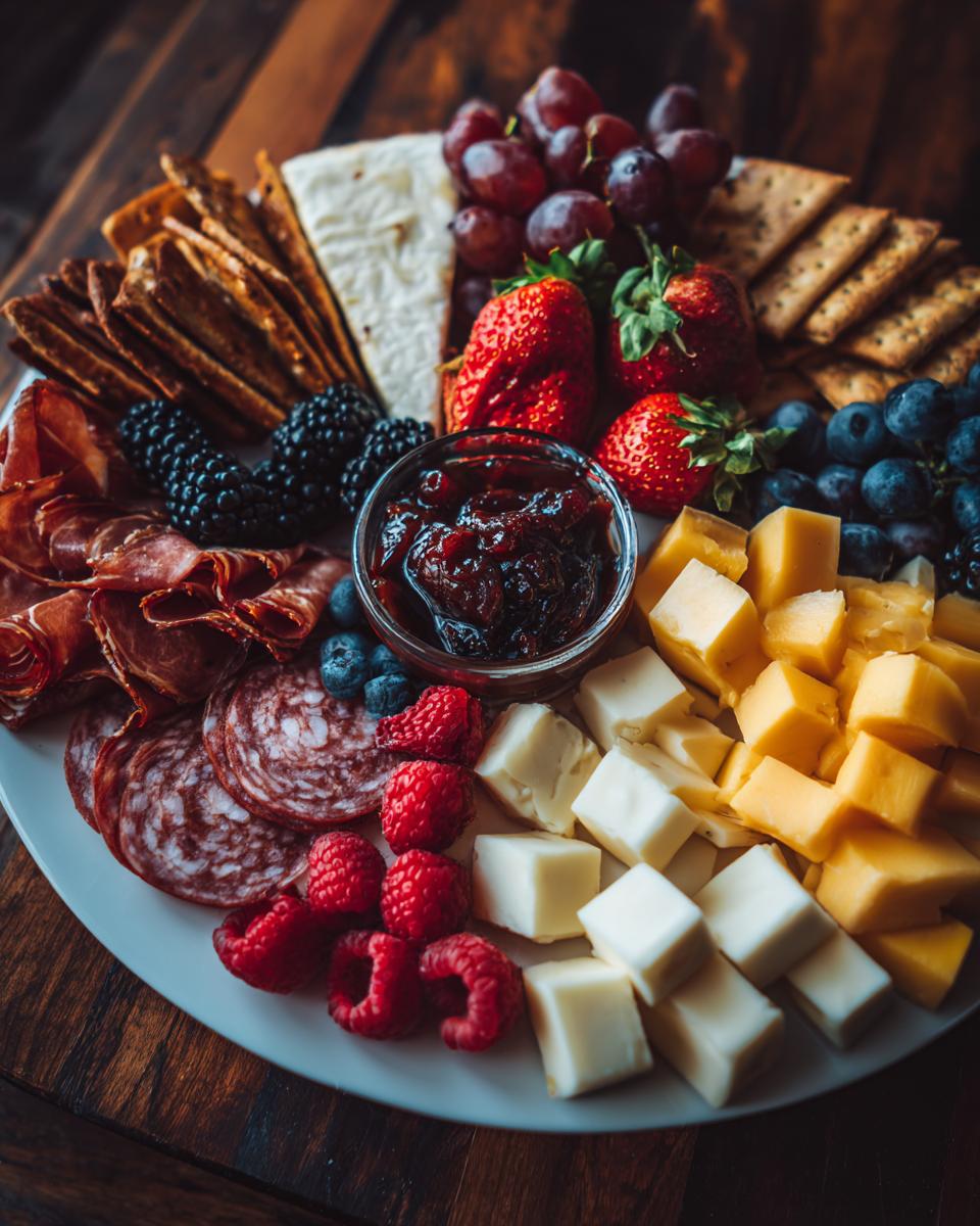 A beautiful Fathers Day snack plate featuring assorted cheeses, salami, prosciutto, crackers, grapes, strawberries, blueberries, raspberries, and jam.