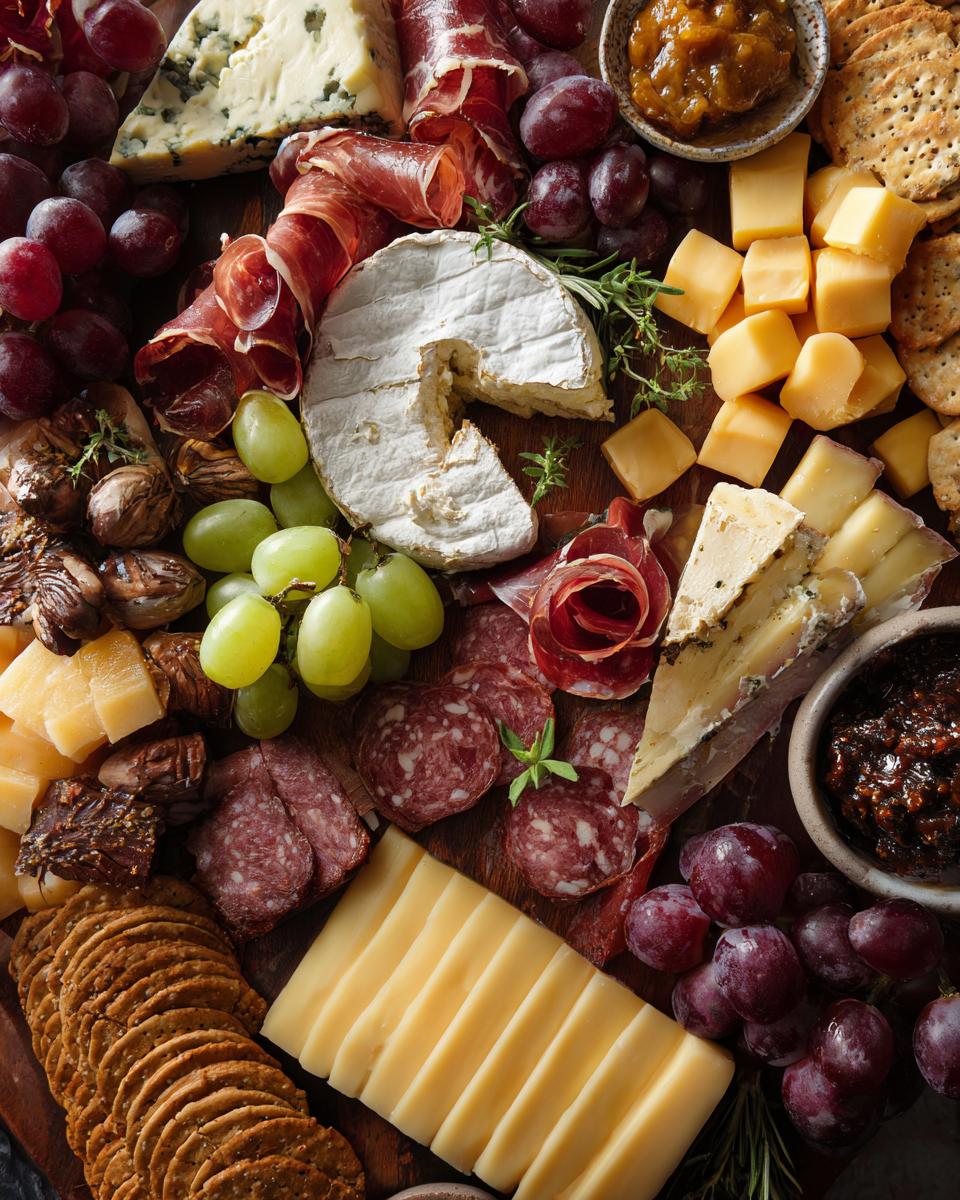A Fathers Day snack plate featuring a variety of cheeses, cured meats, grapes, crackers, and preserves.