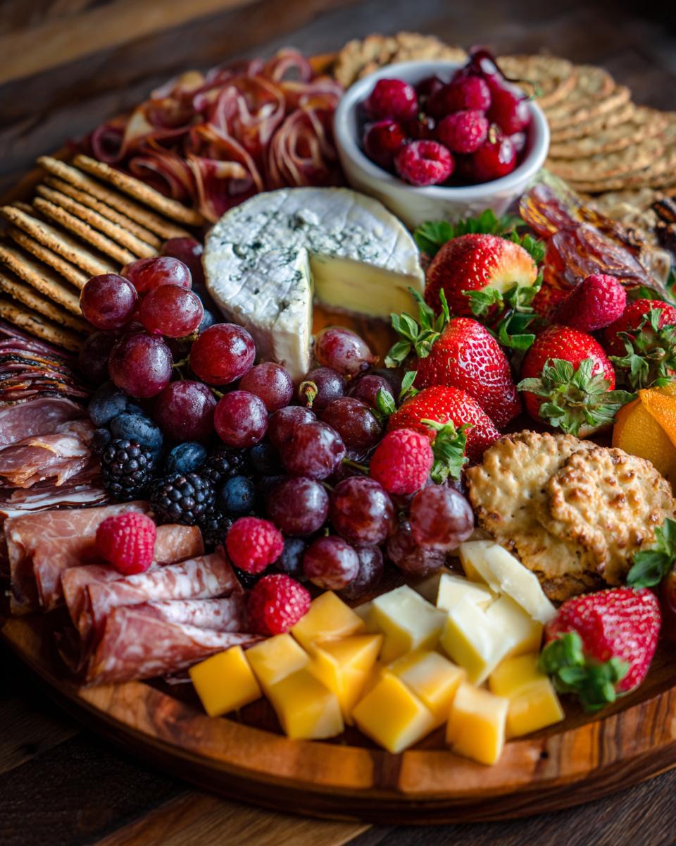 A beautiful Fathers Day snack plate featuring cheese, cured meats, grapes, berries, and crackers.