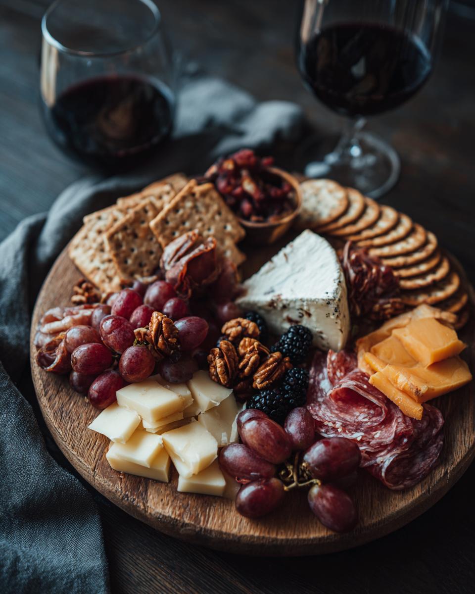 A Fathers Day snack plate featuring a variety of cheeses, crackers, grapes, berries, nuts, and cured meats.