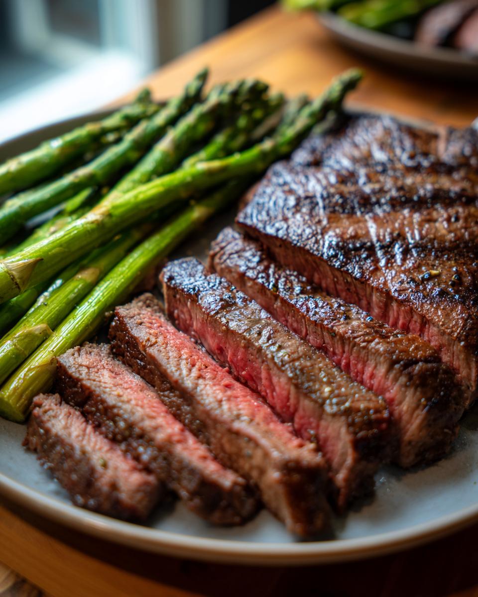 Close-up of perfectly grilled steak, sliced and served with roasted asparagus. A great Fathers Day cheap dinner idea.