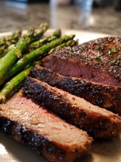Close-up of sliced steak with grilled asparagus, a perfect Father's Day cheap dinner idea.