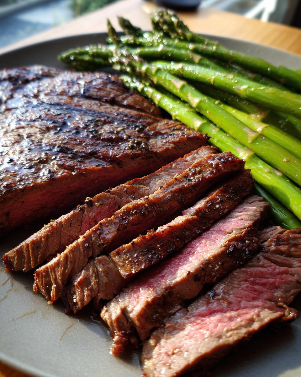 Close-up of sliced grilled steak with pink center and roasted asparagus spears, a perfect Fathers Day dinner.