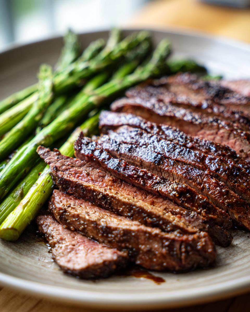 Close-up of sliced grilled steak with roasted asparagus, a perfect Fathers Day cheap dinner idea.
