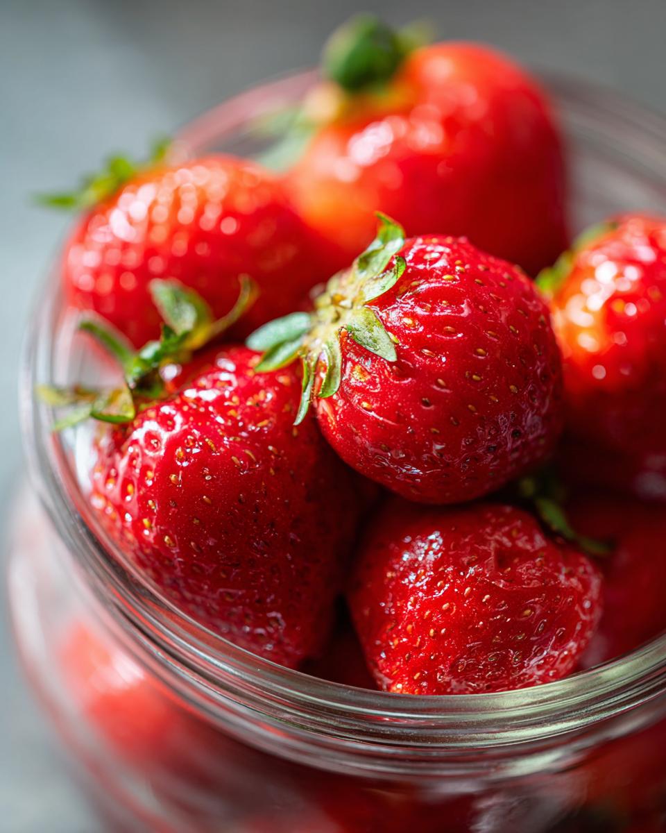 Close-up of fresh, ripe strawberries in a glass jar, perfect for a Delicious Fathers Day Strawberry Vinaigrette.