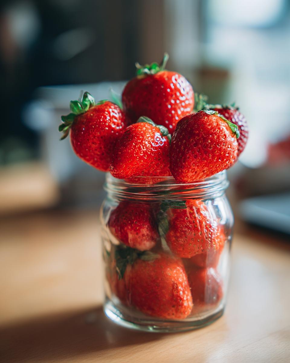 Fresh strawberries in a glass jar, perfect for a Delicious Fathers Day Strawberry Vinaigrette.