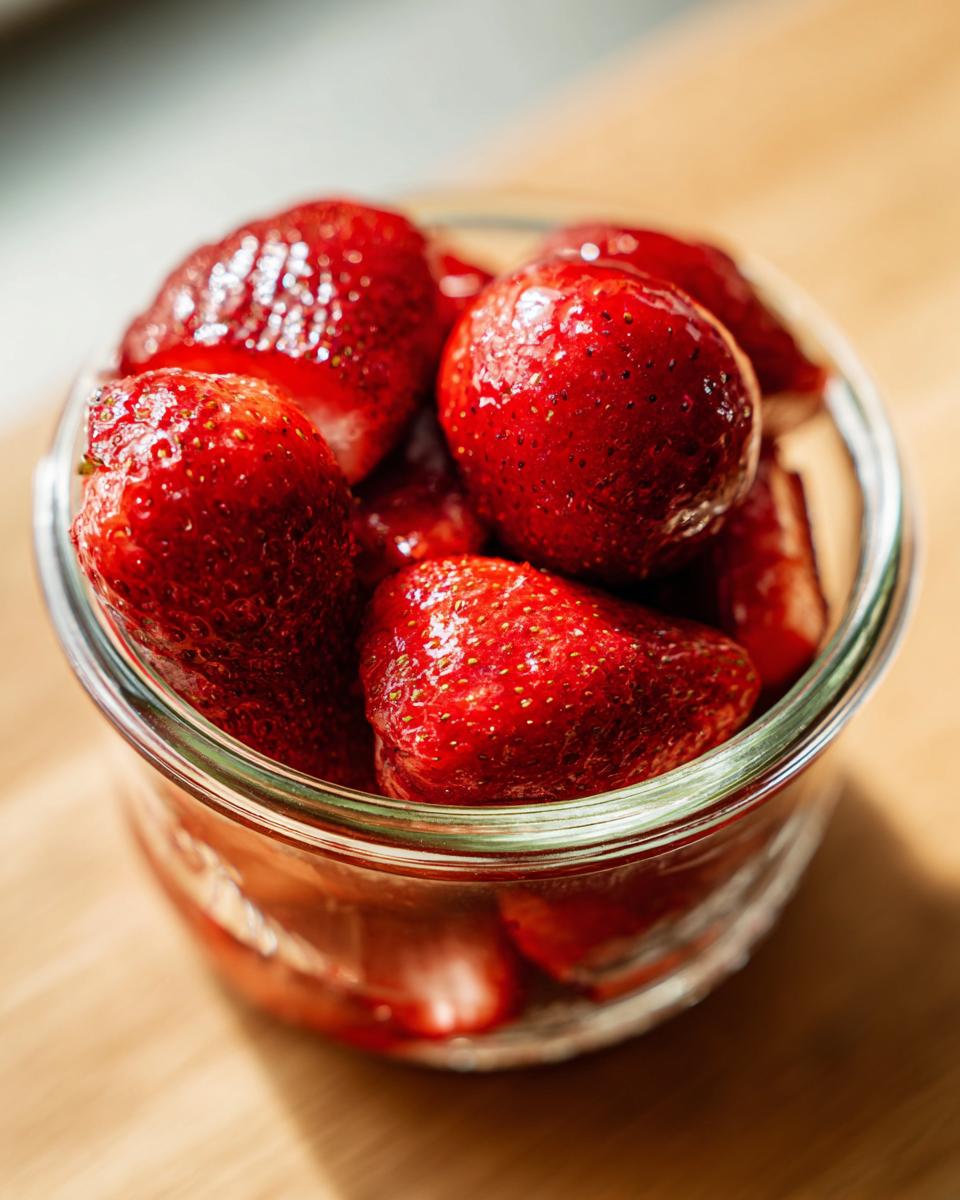 Close-up of fresh strawberries in a glass jar, ready to be used for a Delicious Fathers Day Strawberry Vinaigrette.
