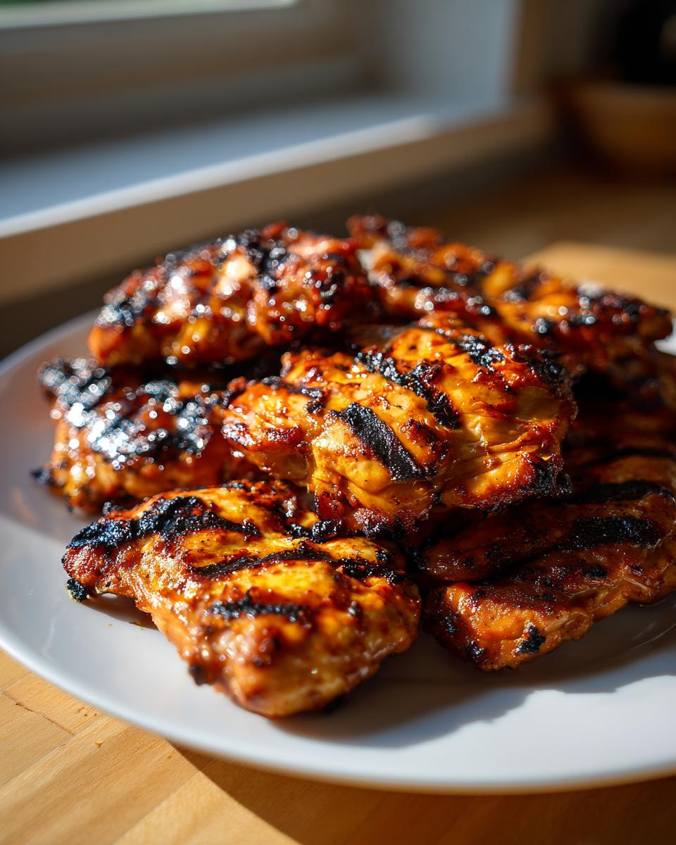 A plate of juicy grilled chicken thighs with char marks, made with a flavorful chicken marinade recipe.