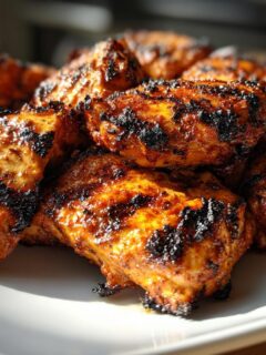 Close-up of perfectly grilled chicken pieces, coated in a flavorful marinade, ready for a juicy bite.