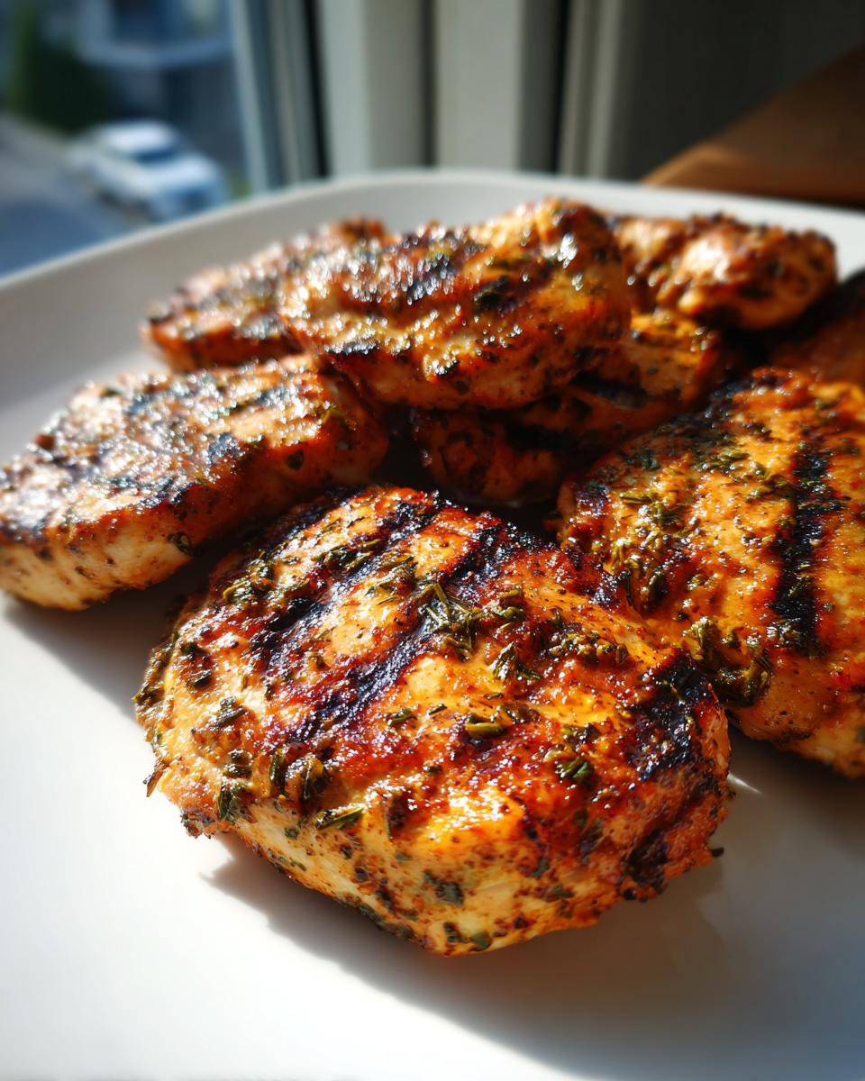 Close-up of juicy grilled chicken breasts with grill marks and herbs, made with a flavorful chicken marinade recipe.