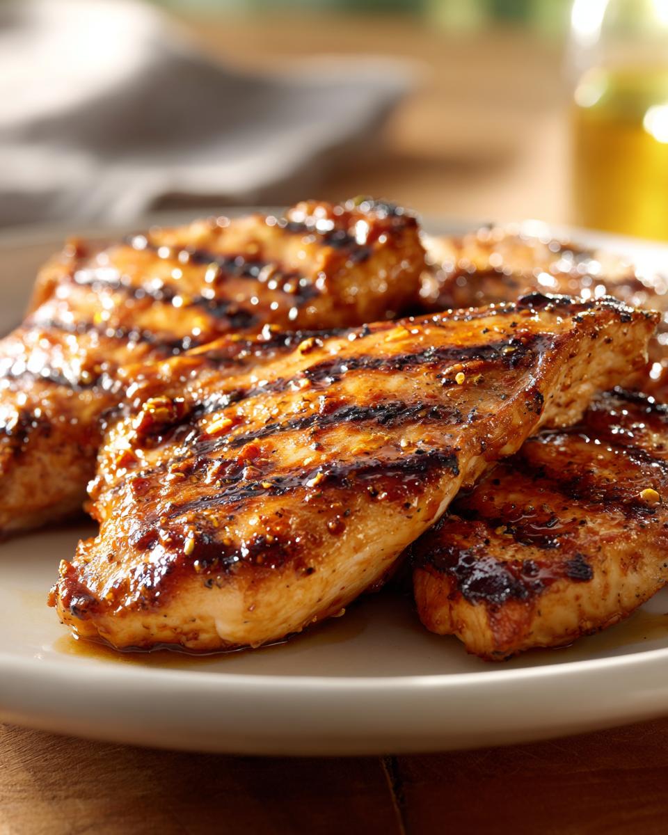 Close-up of juicy grilled chicken breasts with grill marks, coated in a flavorful marinade.