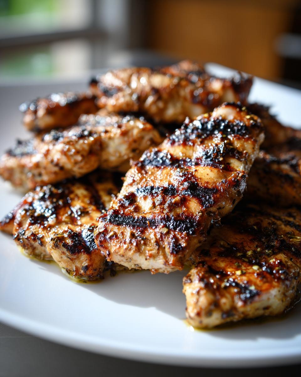 Close-up of juicy grilled chicken breasts with grill marks, seasoned with a flavorful chicken marinade recipe.