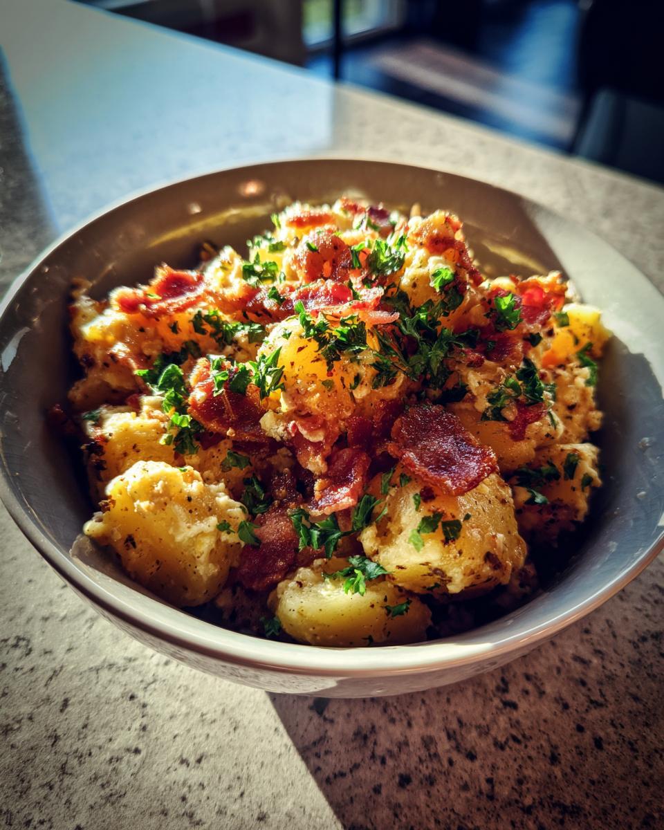 A close-up of a bowl filled with Flavorful Warm German Potato Salad, topped with crispy bacon and fresh parsley.