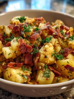A close-up of a bowl filled with Flavorful Warm German Potato Salad, topped with crispy bacon bits and fresh parsley.