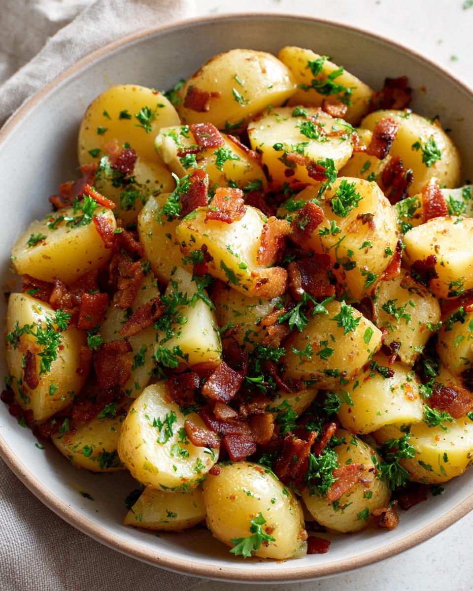 A close-up of a bowl filled with Flavorful Warm German Potato Salad, featuring tender potatoes, crispy bacon bits, and fresh parsley.