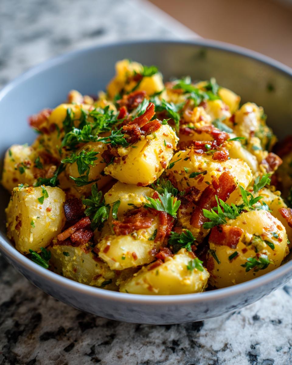 Close-up of a bowl of flavorful warm German potato salad, topped with crispy bacon bits and fresh parsley.