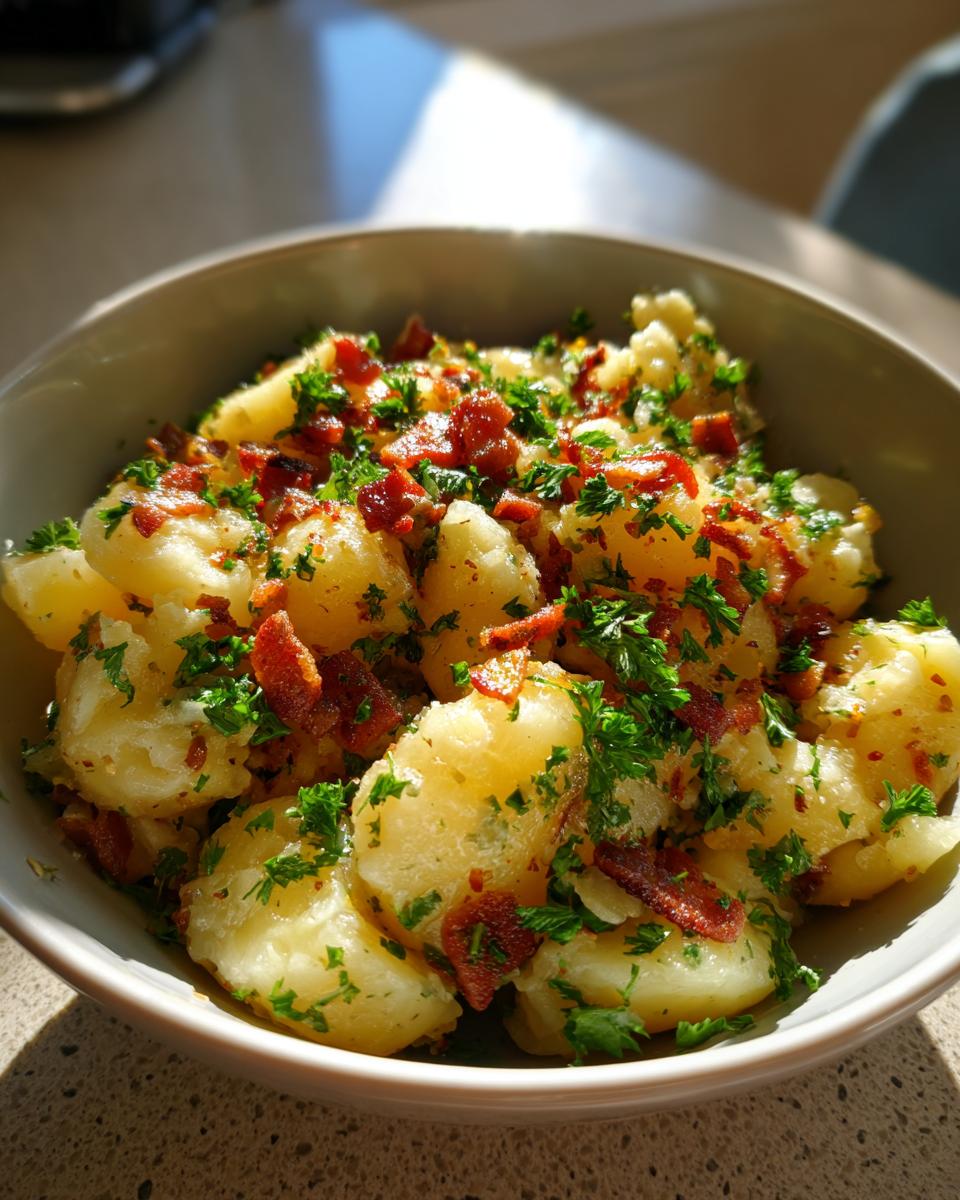 A close-up of a bowl of Flavorful Warm German Potato Salad, topped with crispy bacon bits and fresh parsley.
