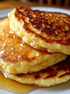 Close-up of a stack of three golden-brown Almond Flour Pancakes drizzled with syrup.