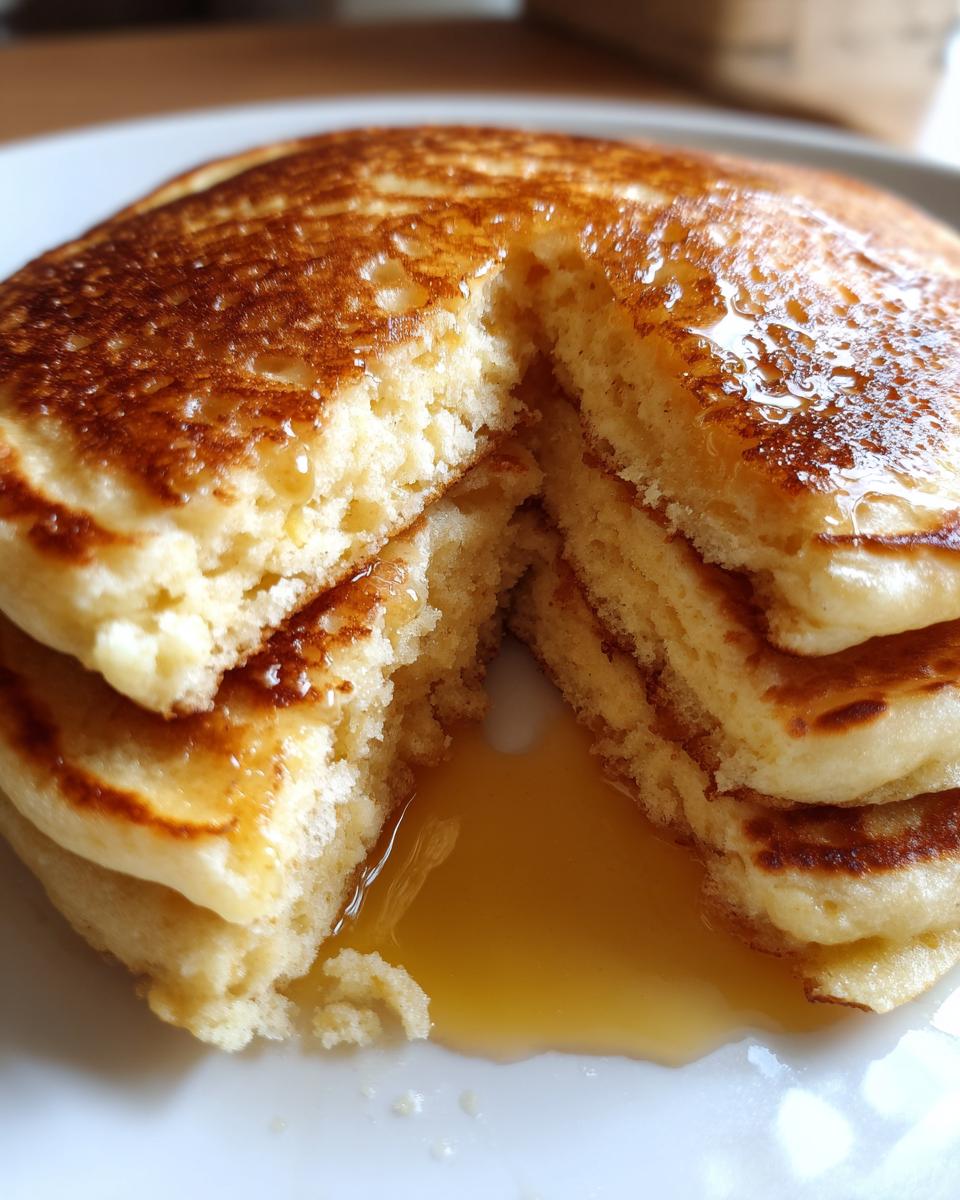 Close-up of fluffy Almond Flour Pancakes stacked and cut open, dripping with golden syrup.