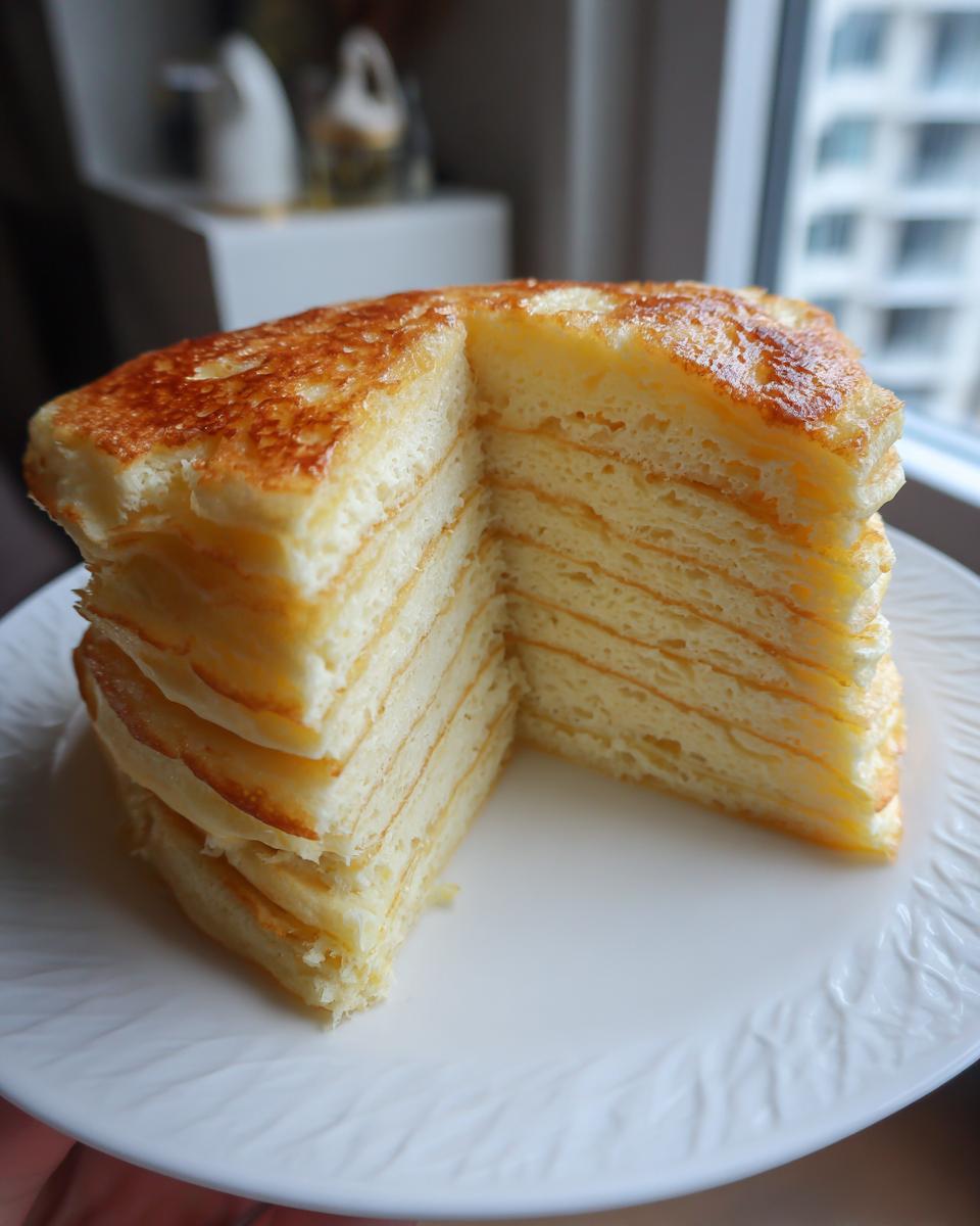 A tall stack of fluffy pancakes, cut to reveal soft, pillowy layers and golden-brown tops.