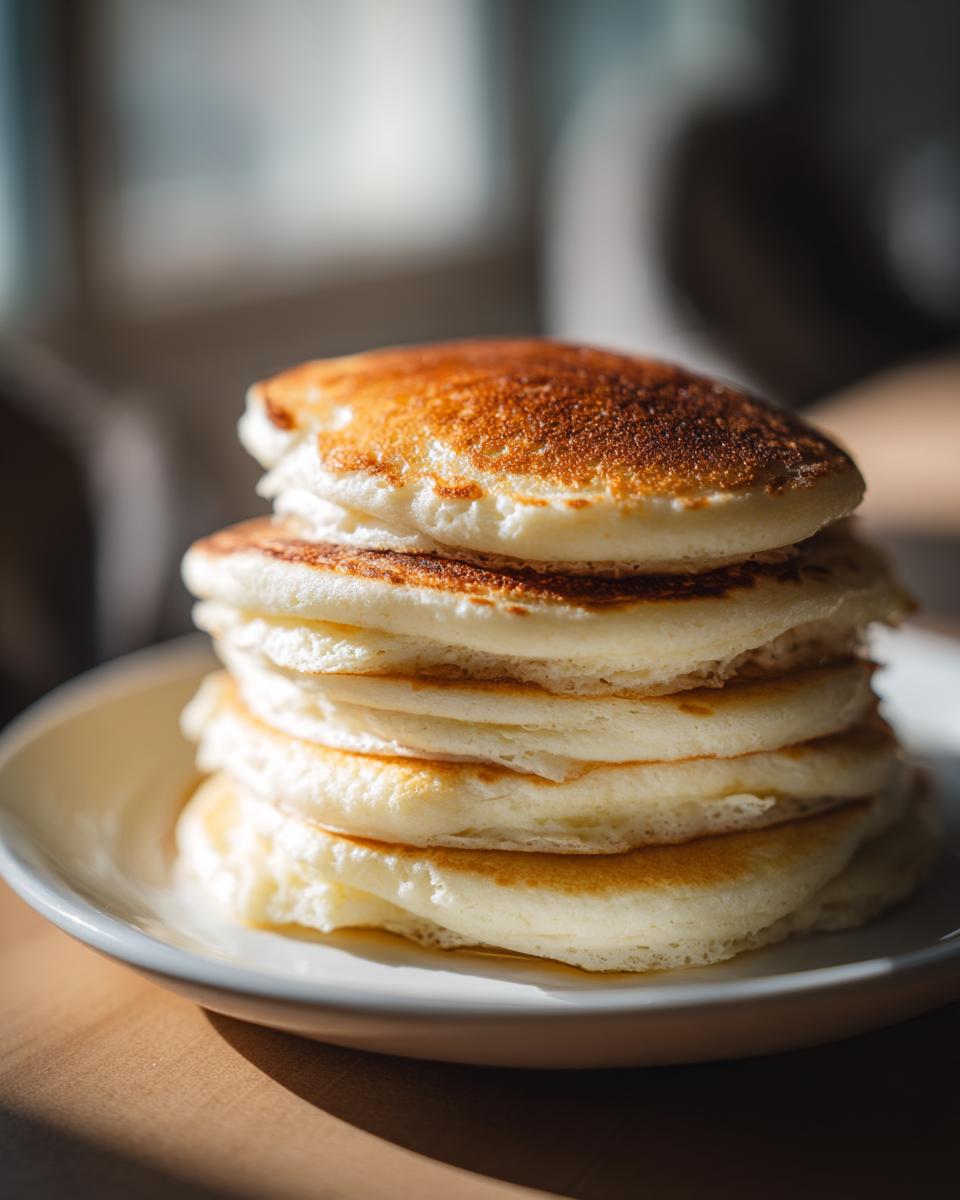 A tall stack of fluffy pancakes, golden brown and perfectly cooked, ready for a delicious breakfast.