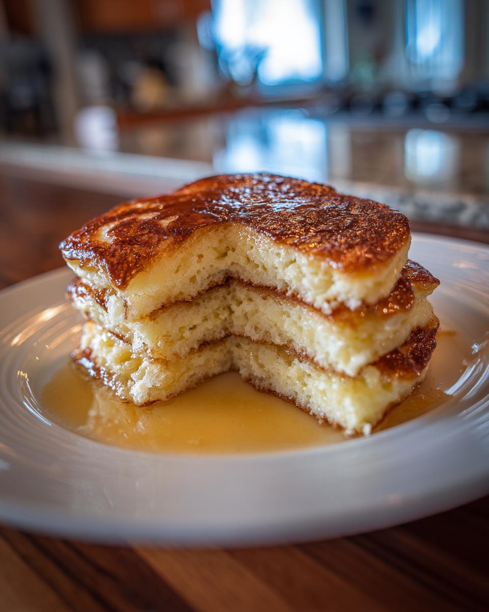 A stack of three fluffy pancakes, drizzled with syrup, showcasing their soft and pillowy texture.