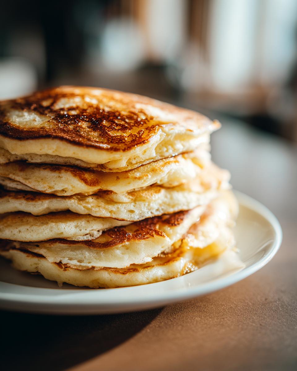 A tall stack of fluffy pancakes, golden brown and pillowy, ready to be enjoyed.