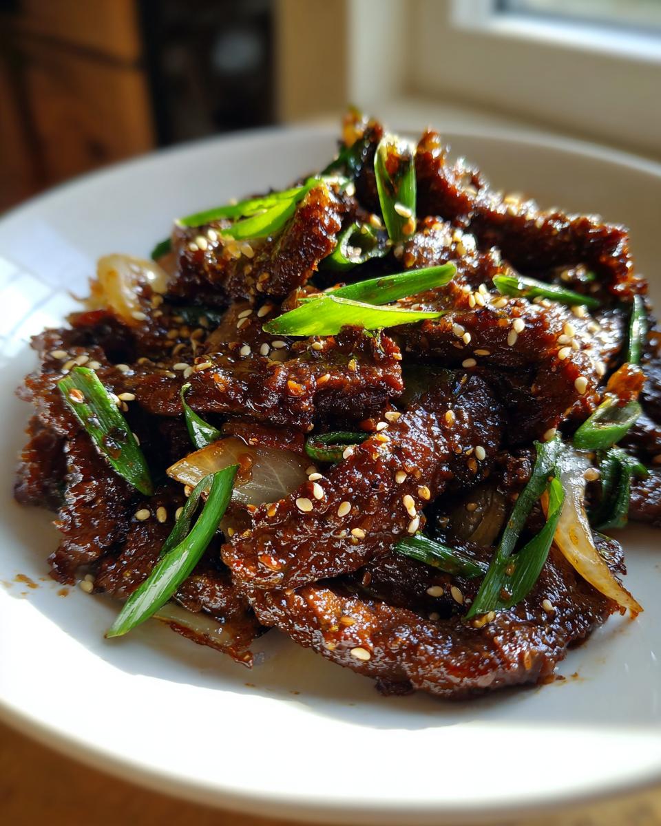 A close-up of savory, glazed Beef Bulgogi strips garnished with green onions and toasted sesame seeds on a white plate.