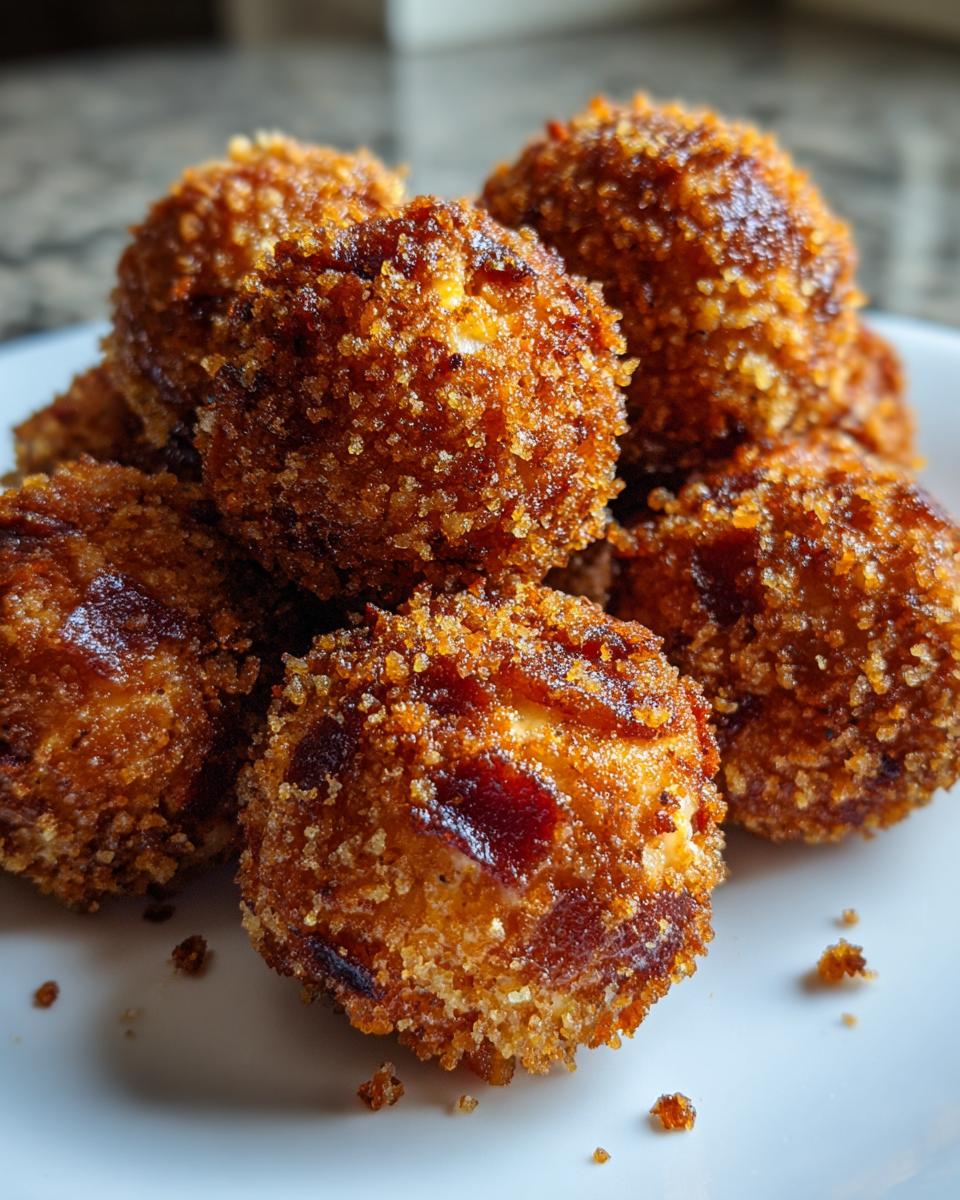 Close-up of several crispy, golden-brown Bacon Chive Cheese Balls piled on a white plate.
