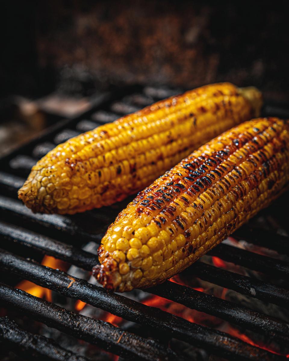 Two ears of grilled corn on the cob with char marks, cooking over glowing embers on a barbecue grill.