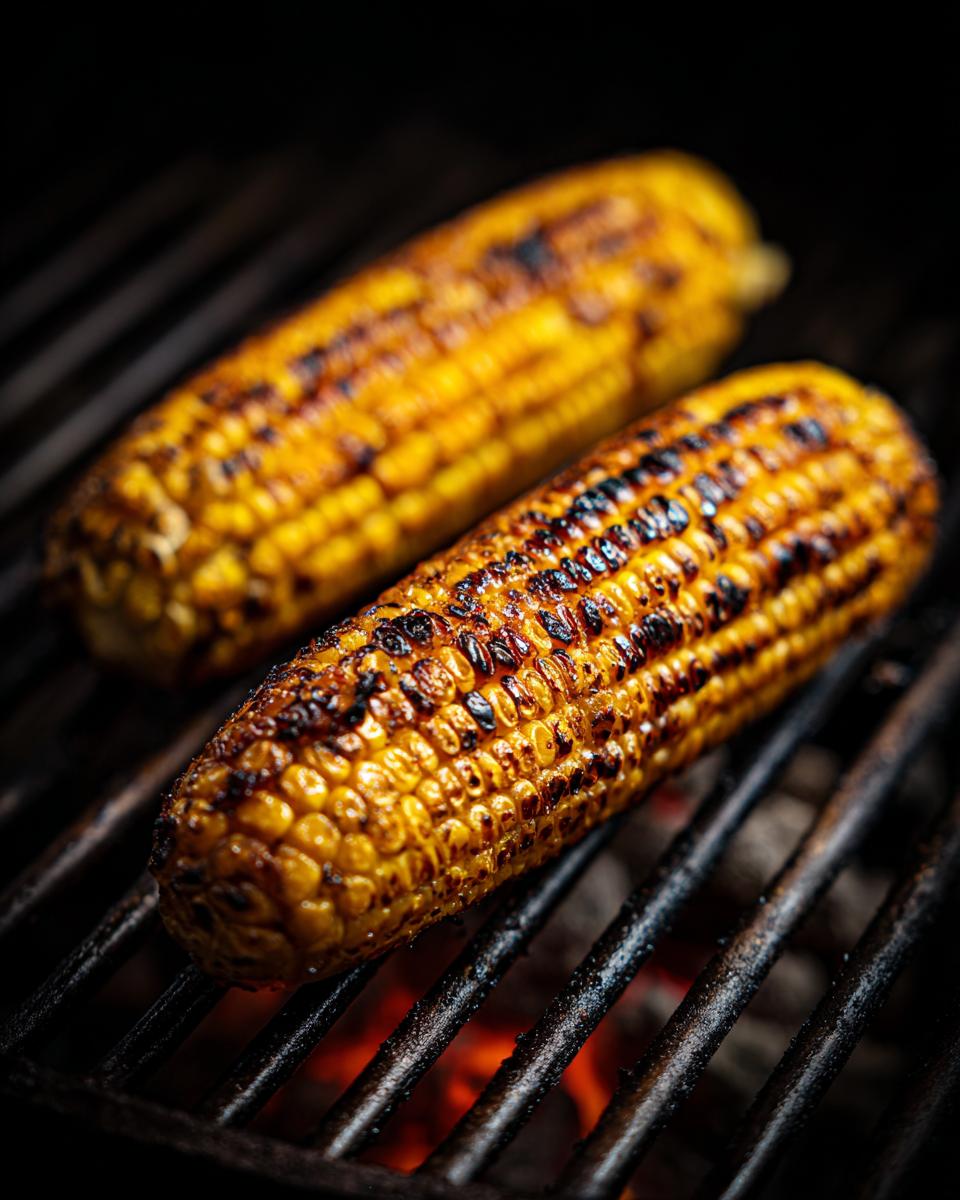 Two ears of Grilled Corn On The Cob cooking on a barbecue grill with glowing embers below.