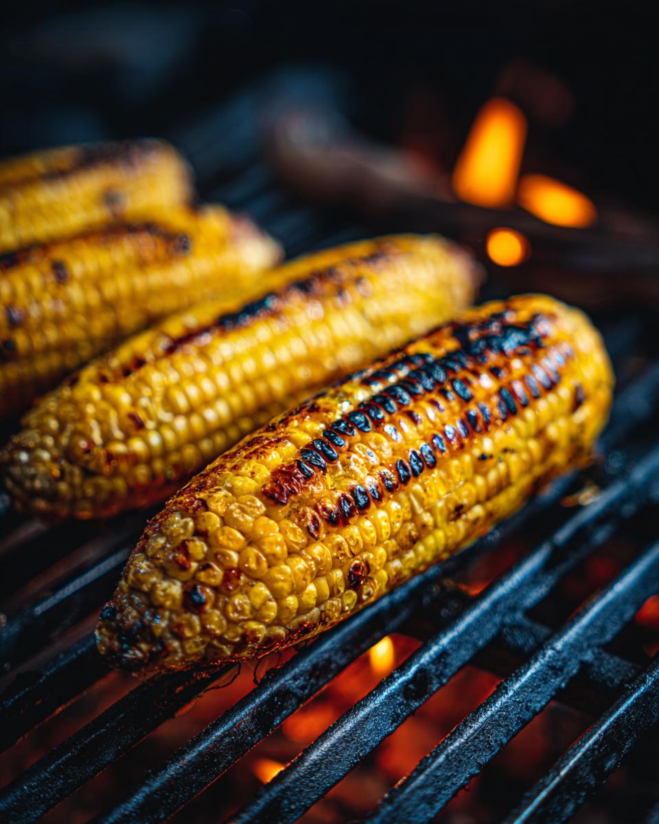 Close-up of delicious Grilled Corn On The Cob cooking on a barbecue grill with flames visible.