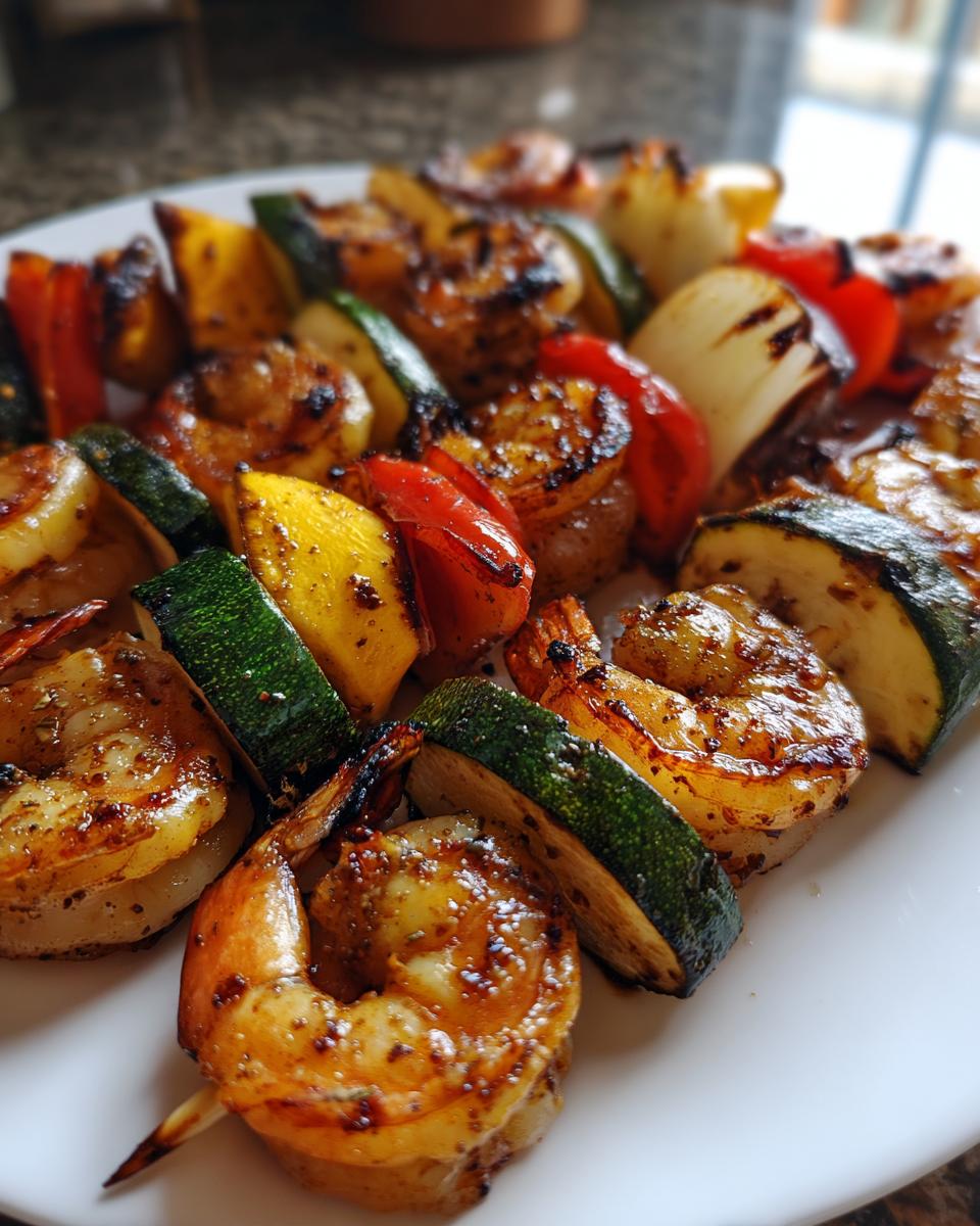 Close-up of grilled shrimp skewers with colorful vegetables like zucchini, bell peppers, and onions.