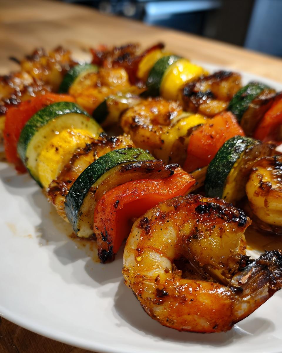 Close-up of grilled shrimp and vegetable skewers, featuring plump shrimp, zucchini, bell peppers, and yellow squash.