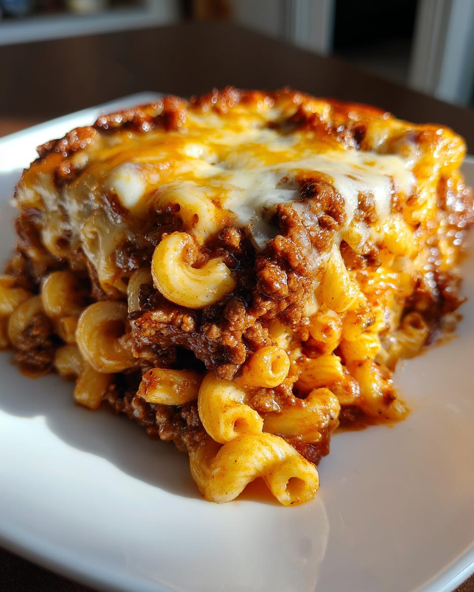 A hearty slice of ground beef and macaroni casserole, topped with melted cheese, perfect for dinner bliss.