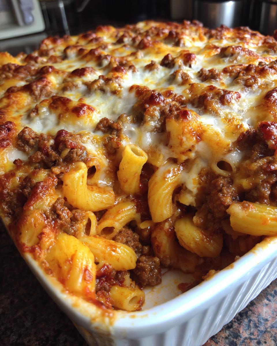 A close-up of a baked ground beef and macaroni casserole with melted cheese, a perfect dinner.