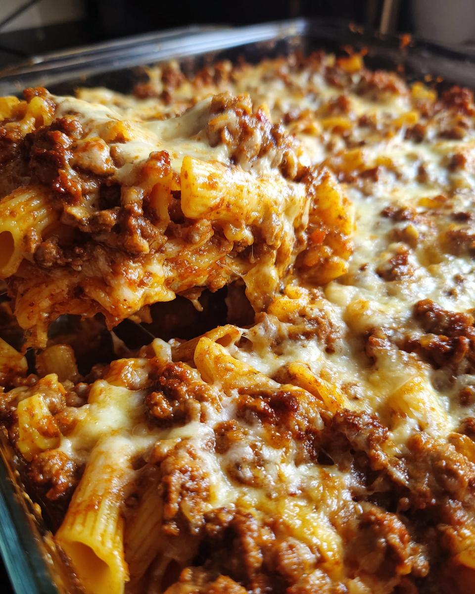 Close-up of a delicious ground beef and pasta bake, topped with melted cheese, ready for dinner.