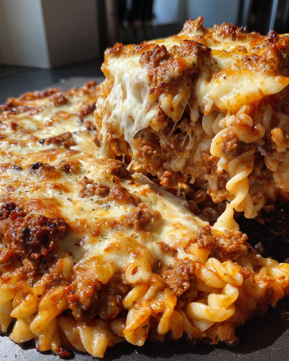 A close-up of a cheesy ground beef and pasta casserole, featuring rotini pasta and a rich meat sauce.