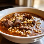 Close-up of a rich bowl of Beef Barley Soup, featuring tender chunks of beef and plump barley grains in a savory broth.