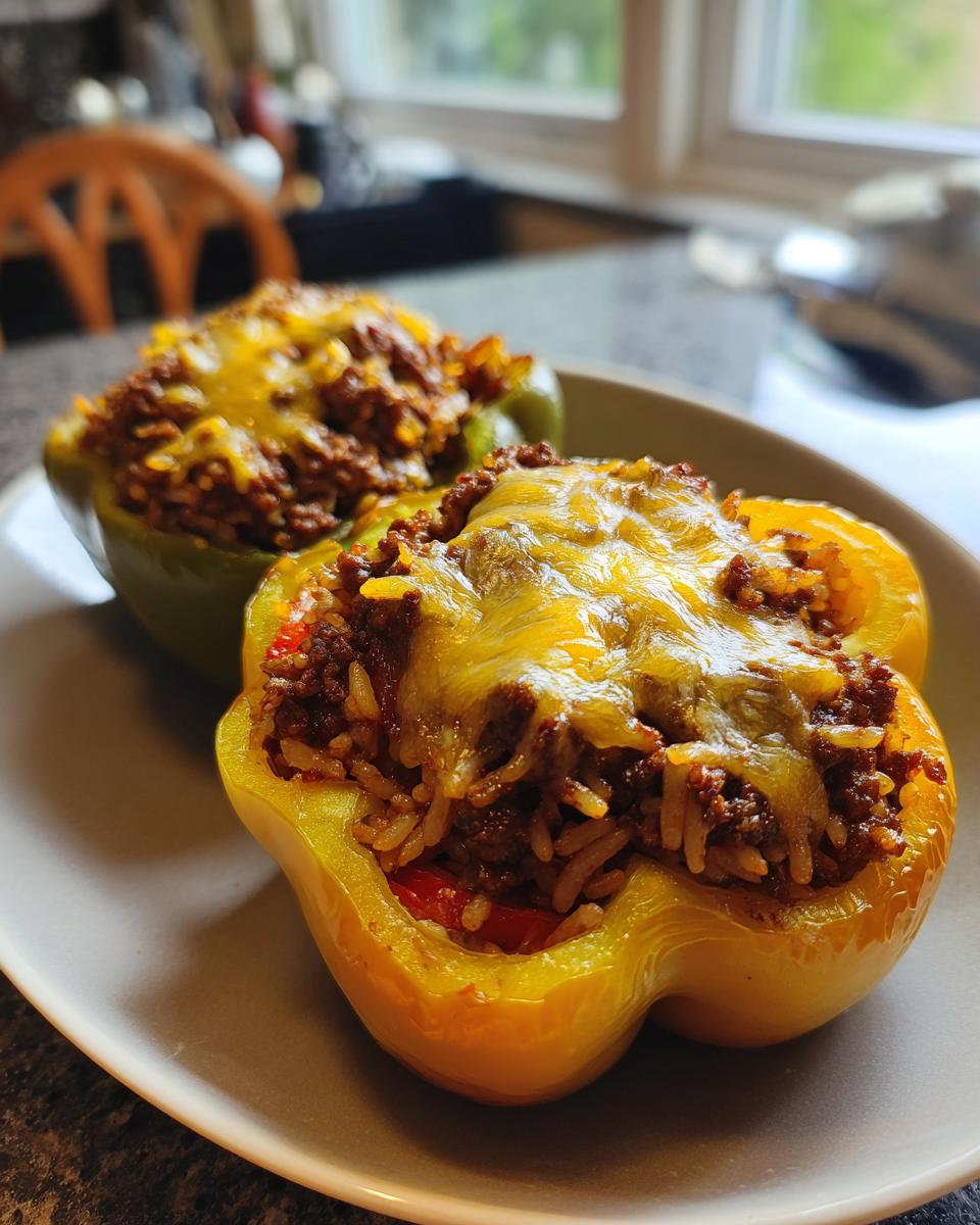 Two hearty stuffed bell peppers, one yellow and one green, filled with a savory mixture of ground meat and rice, topped with melted cheese.