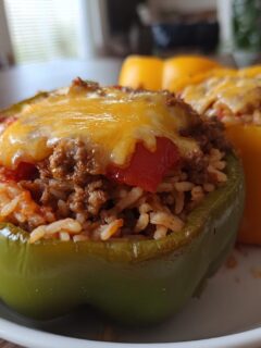 Two hearty stuffed bell peppers, one green and one yellow, filled with seasoned ground meat, rice, and topped with melted cheddar cheese.